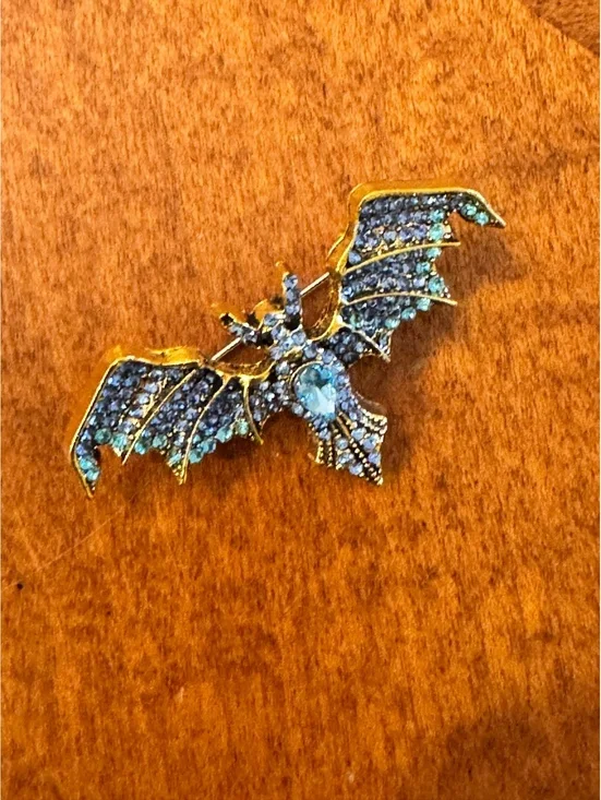 Vintage Blue Rhinestone Bat Brooch Pin with Gold Tone Metal 388