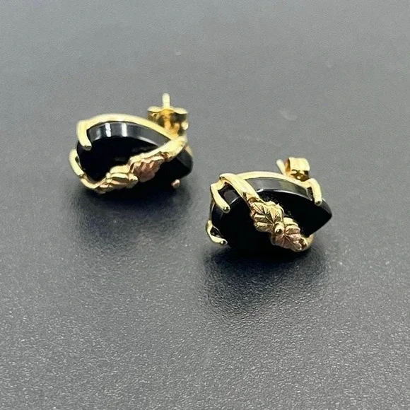 Black Hills Gold C. Co 14k Vintage Onyx Leaf Vine Estate 10k Stud Earrings 3 Gr