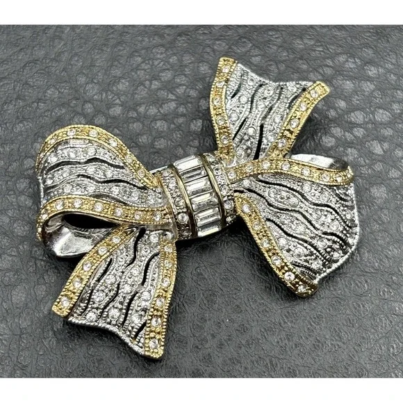 Vintage 90s Gold Tone Silver Tone Rhinestone Bow Brooch Pin Art Deco Revival