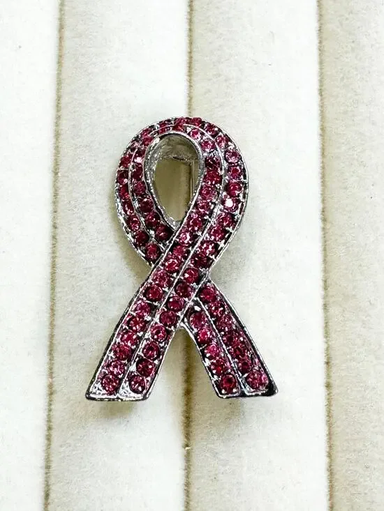 Pink Rhinestone Breast Cancer Awareness Ribbon Brooch Pin Silver 1.25
