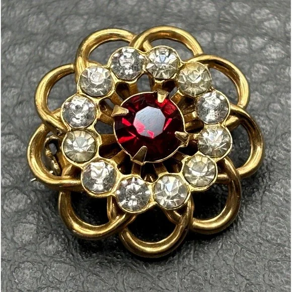 Vintage Filigree Flower Brooch Red Faux Ruby Rhinestone Gold Tone Clear Crystal