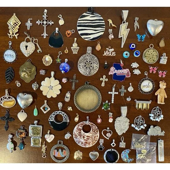 VTG To Modern Pendant Charm Lot - Flower Moon Heart Cross Enamel Rhinestones