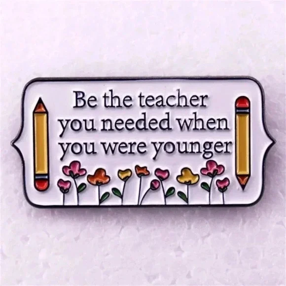 Purple with flowers and yellow pencil gift for a teacher enamel brooch pin