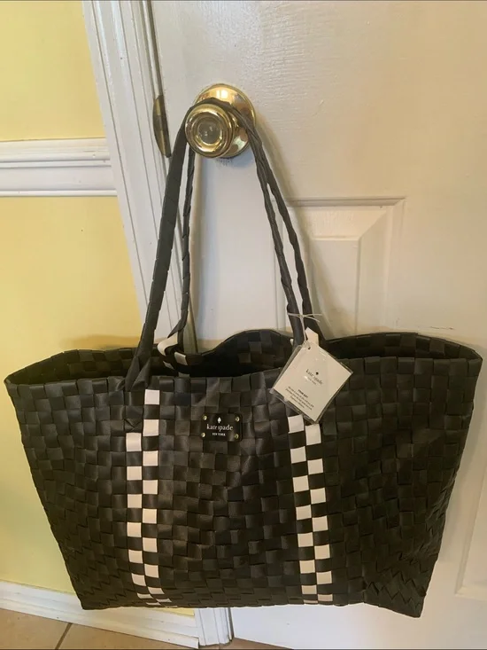 Kate Spade Black Woven Tote with White Stripe Accents New with Tags