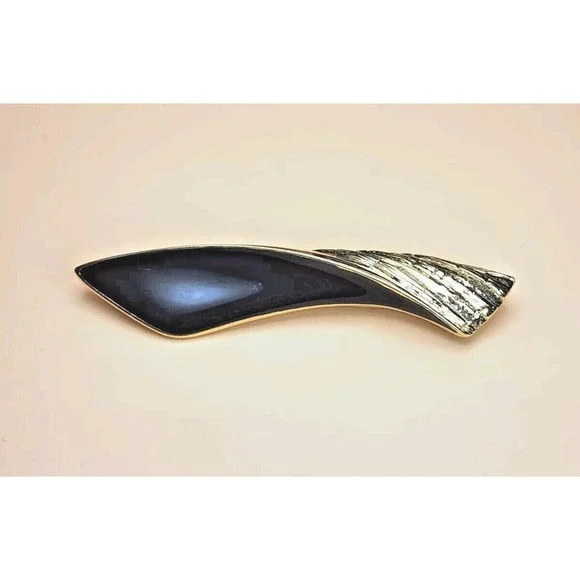 65+ Yr Old TRIFARI Signed Black Enamel Gold tone Abstract Twisted Brooch Pin Vtg