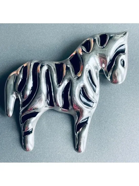 Vintage Taxco Mexico Zebra Black Enamel Sterling Silver Brooch Pin Desig…