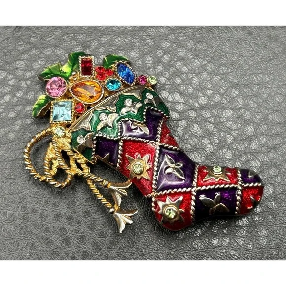 Vintage Christopher Radko Enamel Rhinestone Christmas Stocking Brooch Gold Tone