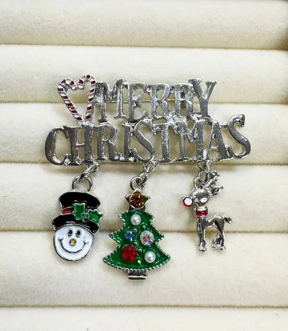 Merry Christmas Pin Brooch Snowman Tree Reindeer Charms Holiday Brooch 2