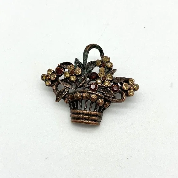 Vintage Flower Basket‎ Brooch Rhinestone Floral Pin Copper Tone Small