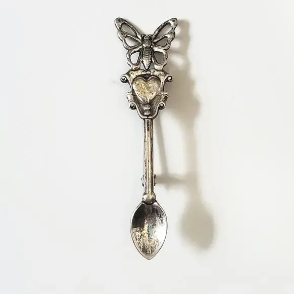 Vintage Sterling Silver Heart Butterfly Spoon Pin Brooch