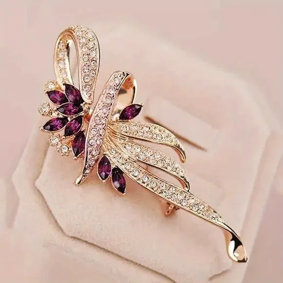 Brooch Romantic Gold-Tone Flower with Rhinestones‎
