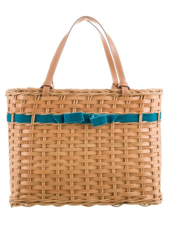 KATE SPADE Tan Woven Wicker basket Tote with Teal Ribbon