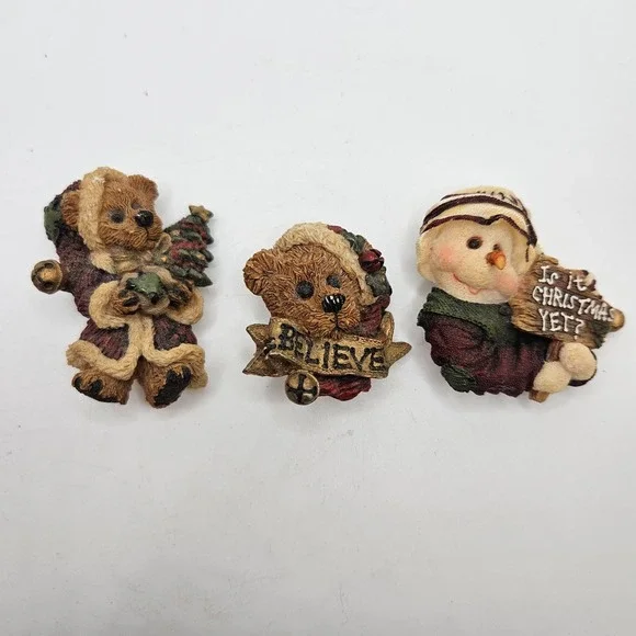 Vintage Christmas Pin Lot Teddy Bear & Snowman Brooches Believe Holiday Set of 3