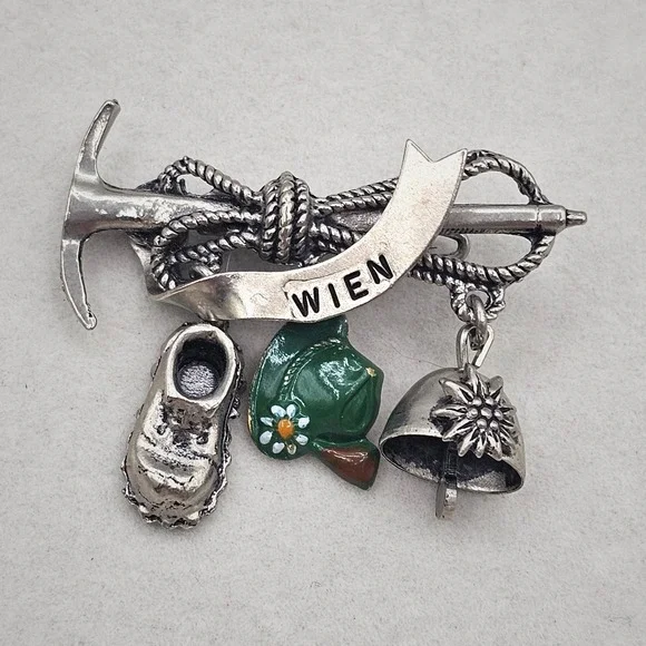Wien Souvenir Brooch Silver Tone Alpine Hiking Charms Vienna Austria Vintage