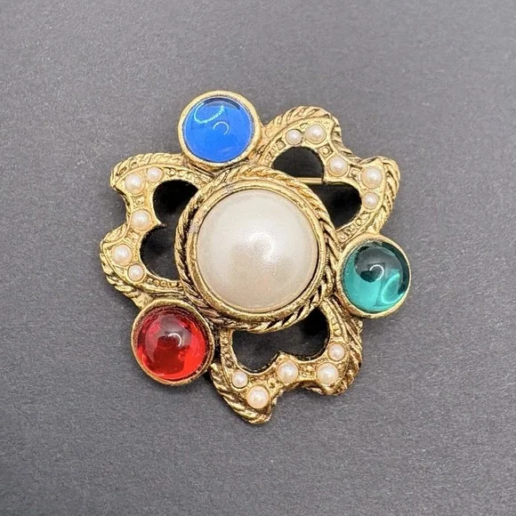 Vintage Faux Pearl Multicolor Jewel Tones‎ Cabochon Open Work Gold Tone Brooch