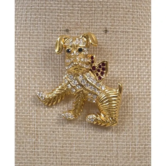 Vtg KJL Kenneth Jay Lane Gold Tone Rhinestone Dog Terrier With Bow Pin Brooch 2