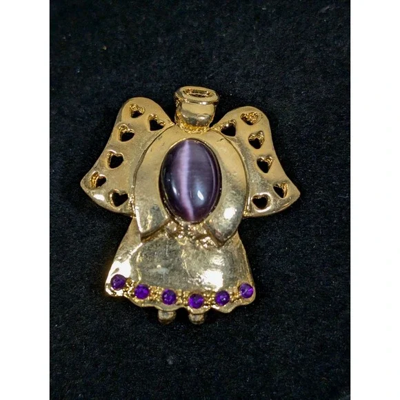 Vintage AAi Christmas Angel Brooch Purple Glass Cats‎ Eye Cabochon Birthstone