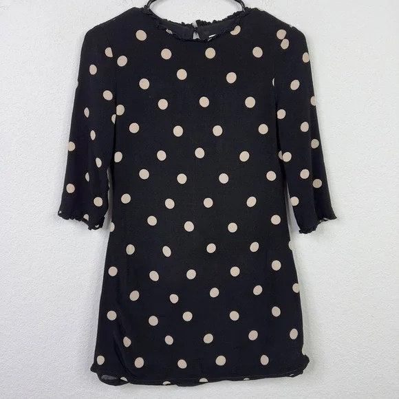 Kate Spade Dress Womens 0‎ Black Tan Polka Dot Ruffle Trim Feminine Quiet Luxury