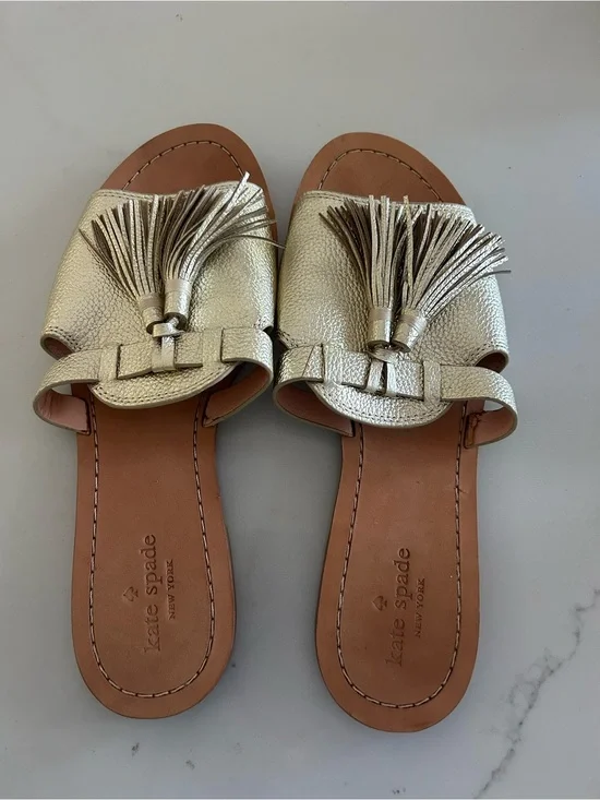 kate spade Gold Leather Tassel Slide Mules