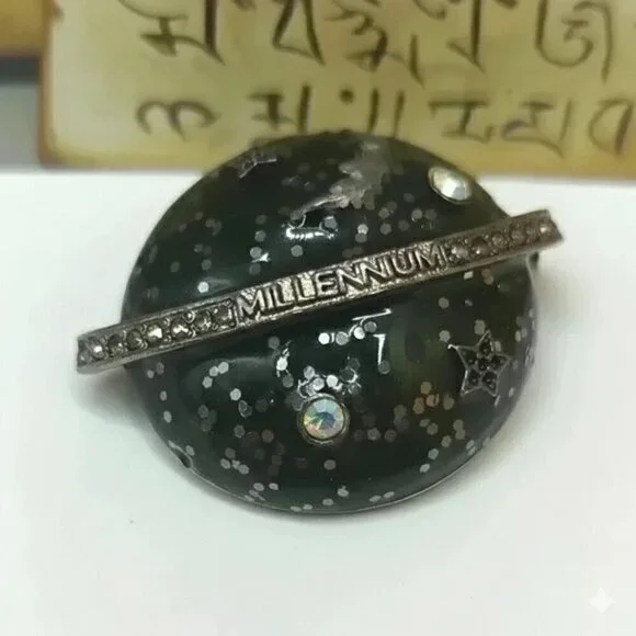 Black Planet Moon Round Pin with AB crystals Brooch celestial
