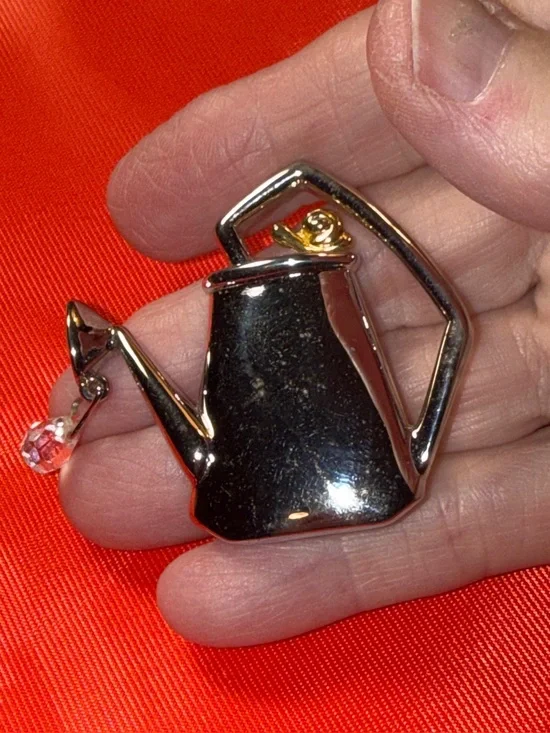Vintage Silver Gold Tone Watering Can Crystal Droplet Brooch Pin
