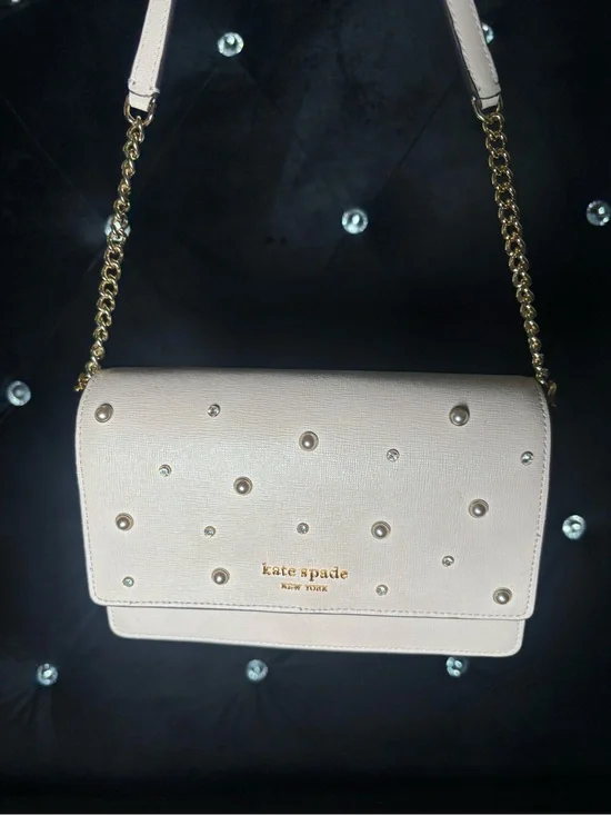 kate spade pearl-studded cream crossbody with gold chain