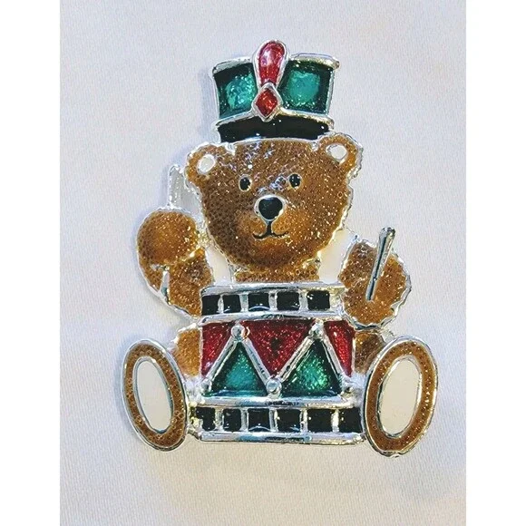 Teddy Bear Drummer Boy Brooch Pin 1.75