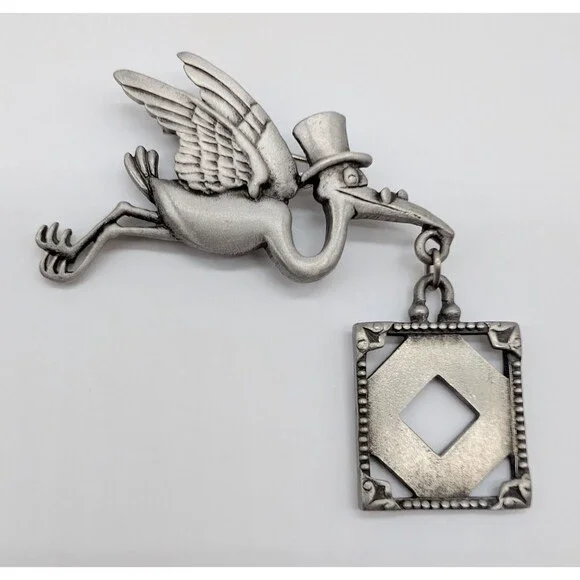 VTG JJ Jonette Pewter Silver Tone Stork Baby Photo Frame Brooch Pin