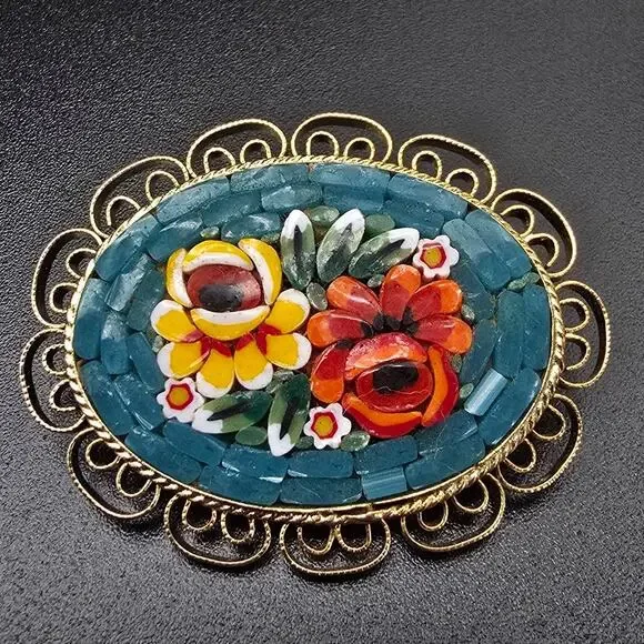 Italian Micro Mosaic Flower Brooch Blue Red Yellow Vintage Jewelry