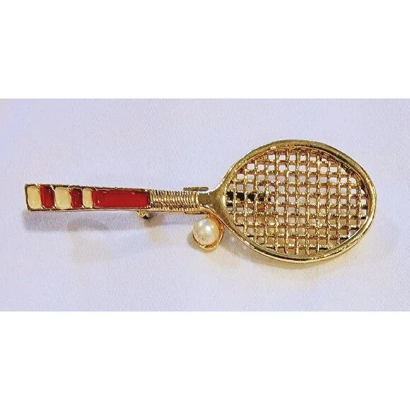 Vintage Gerry's Tennis Racquet Brooch Pin Pendant Gold Tone Red Enamel 2.5