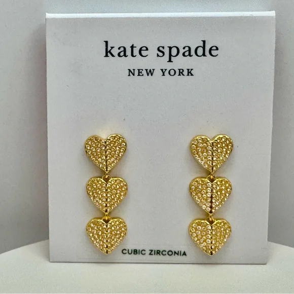KATE SPADE 🩷 Heart to Heart Pave Triple Drop Earrings Gold Tone NWT
