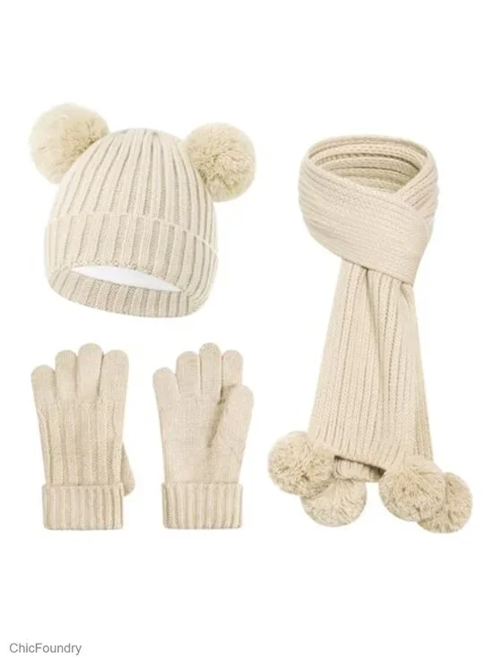 Kids Double Pom Beanie Hat Gloves Scarf Set Fleece Lined Winter 3-Piece