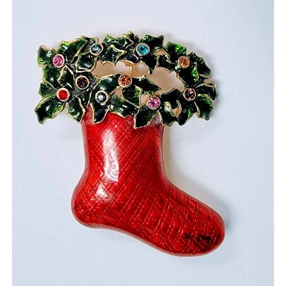 Christmas Stocking Brooch Pin Enamel Rhinestones Holly Berry