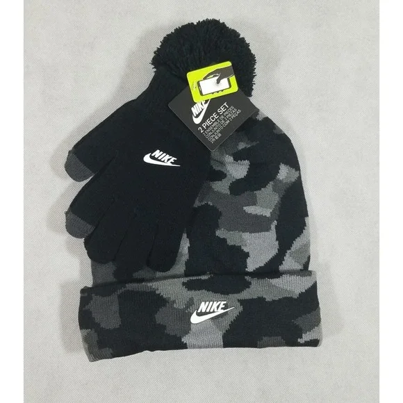 Nike Big Boys Futura Camouflage Knit Beanie and Gloves‎ 2 pc Set Black NWT