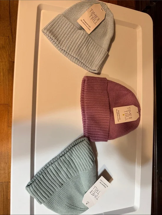 Time and Tru Kids Ribbed Beanie Set - Light Blue, Mauve, Sage