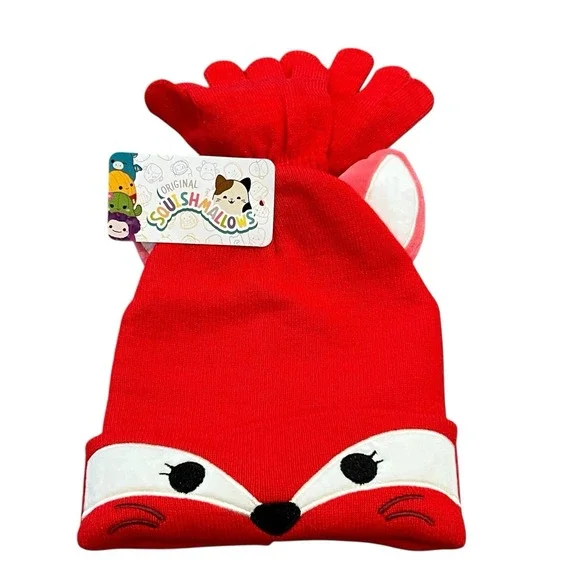 Squishmallows Beanie Hat Toboggan Gloves Set Fifi Fox Girl Kid Red Pink Ears NWT
