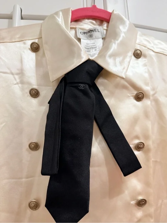 CHANEL Cream Satin with Black Bow Tie