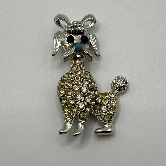 Vintage Silver Tone Rhinestone Poodle Dog Brooch Pin Blue Nose Champagne Stones