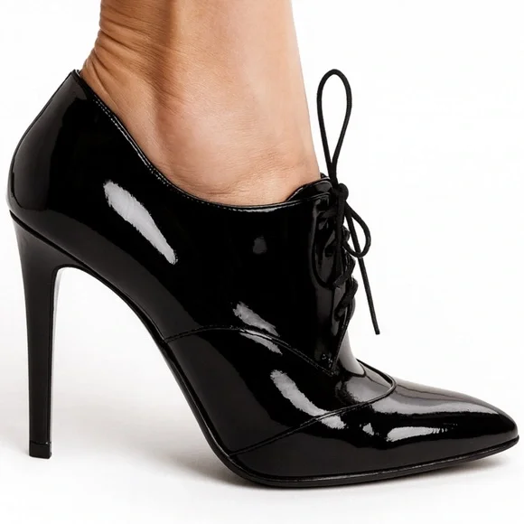 CHANEL Derby Black Patent Leather CC Logo Lace-Up Ankle Boots Size EU37