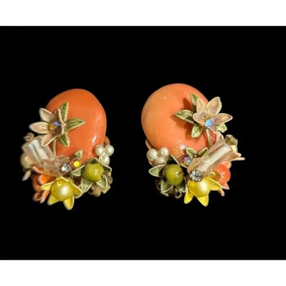 Vintage Floral Clip On Earrings  Orange Beads Filigree  Rhinestones 1.5