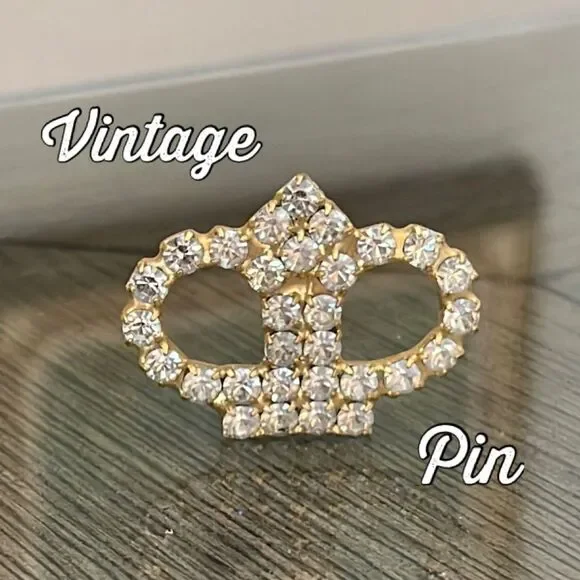 Vintage Gold-tone Crown Brooch with Rhinestones