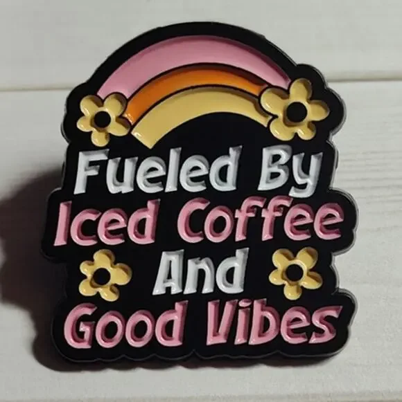 Fueled by Iced Coffee & God Vibes Coffee Lover Pin Lapel Hat Badge