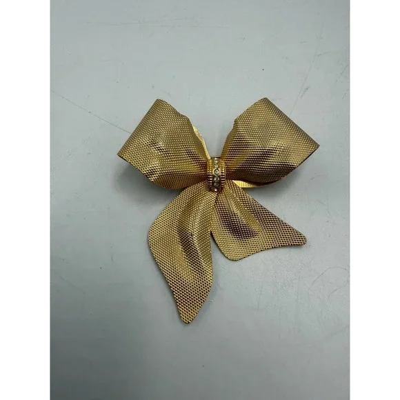Vintage Gold Tone Textured Mesh Bow Brooch Rhinestone Center Statement Pin