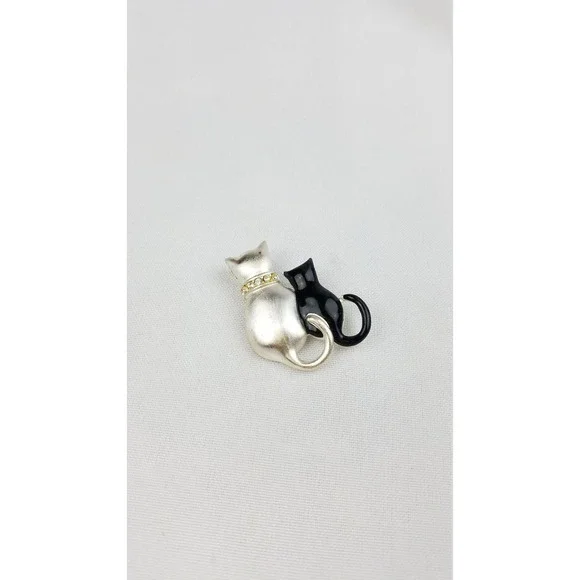 Vintage enamel‎ two cats brooch silver tone black kitten