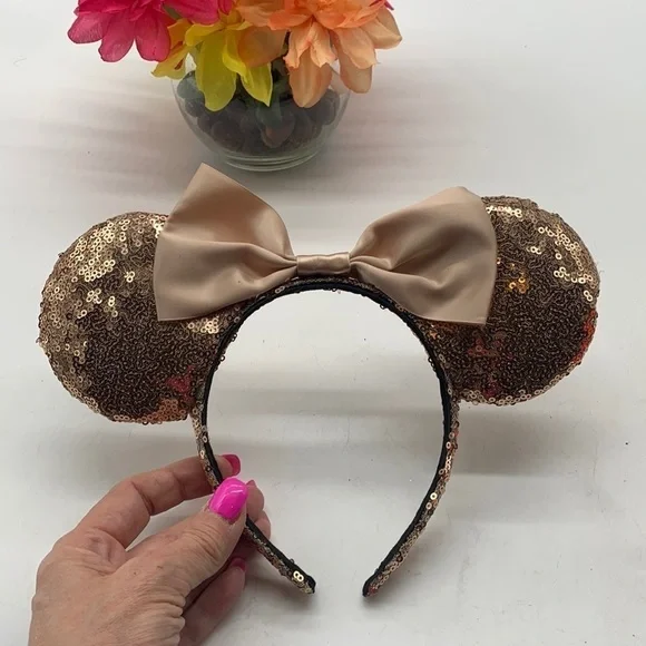 Disney Ears Rose Gold Ears with blush Color bow “handmade” tag. HT0089A