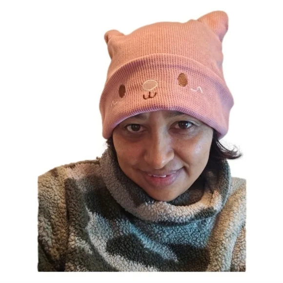 Cat Ear Devil Knitted Beanie Women Kawaii Winter Pink