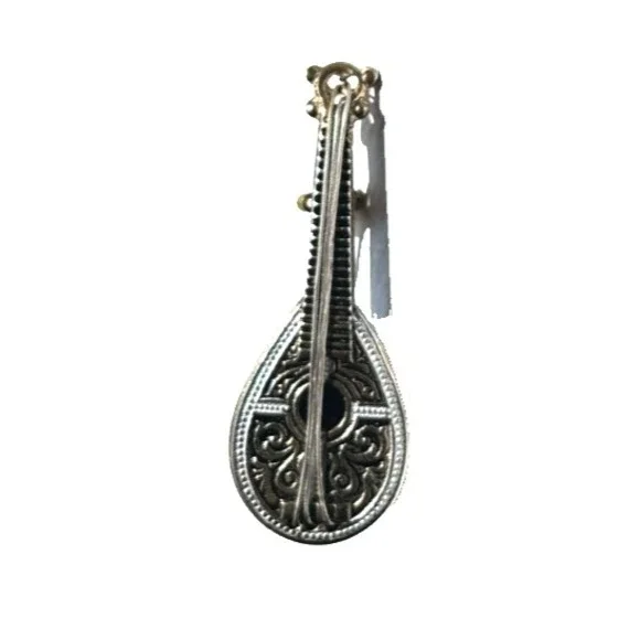 Vintage Silver Filigree Mandolin Lute Brooch Pin Miniature Instrument Spain EUC