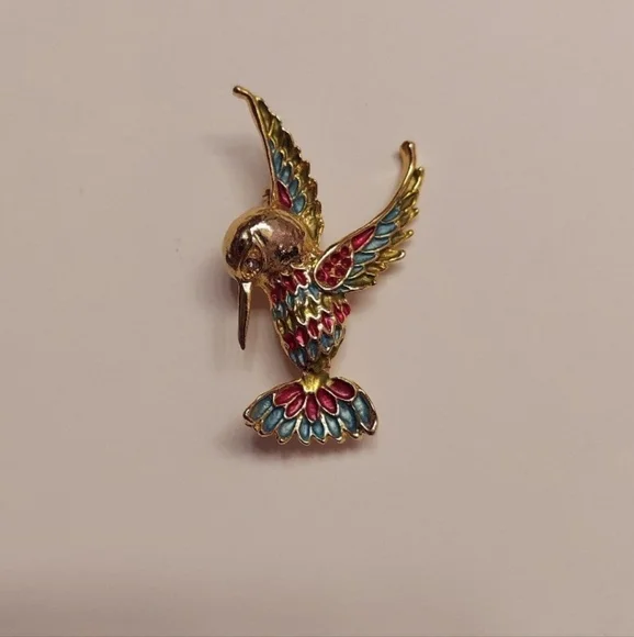 NWOT 1980s Hummingbird Brooch Pin Gold Tone Red & Sea Blue Enamel Pin
