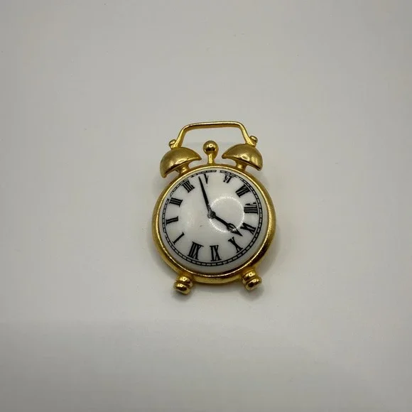 Vintage Gold Tone Alarm Clock Brooch Roman Numeral Face Novelty Pin