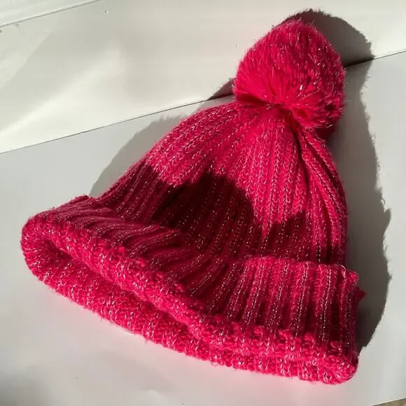 Girls Size 4-16 Pink Beanie Pom Pom Sparkly Pullover Cable Knit Acrylic Blend
